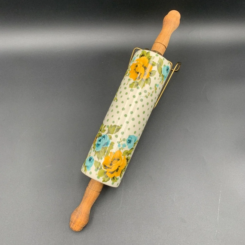 Pioneer Woman Breezy Blossom Ceramic Rolling Pin Wood Handle Floral Dots Retired